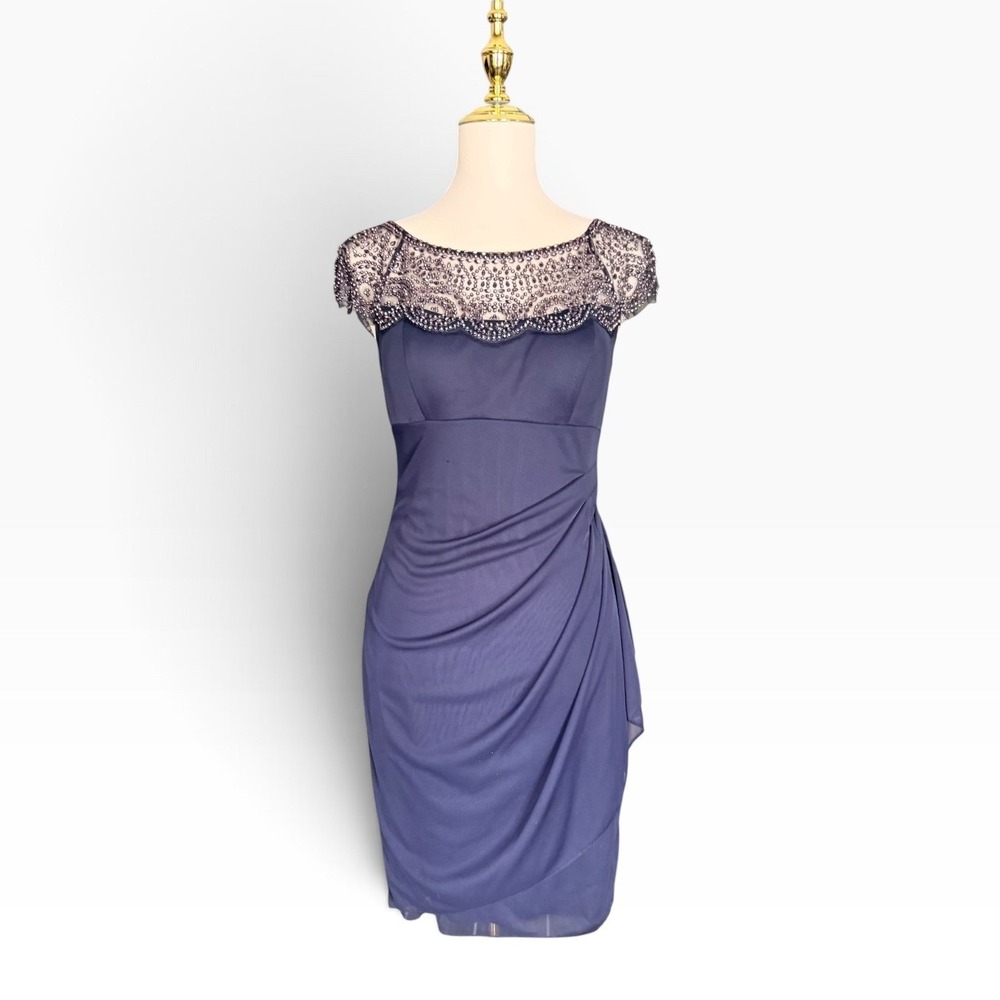 Xscape Joanna Chen Blue Beaded Illusion Ruched Cocktail Dress Size 6